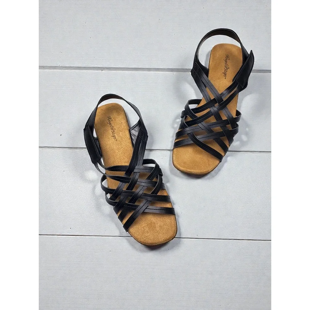 NIB Angel Steps Keri Black Caged Wedge Sandals Strappy Shoes Womens 10M - Picture 1 of 8